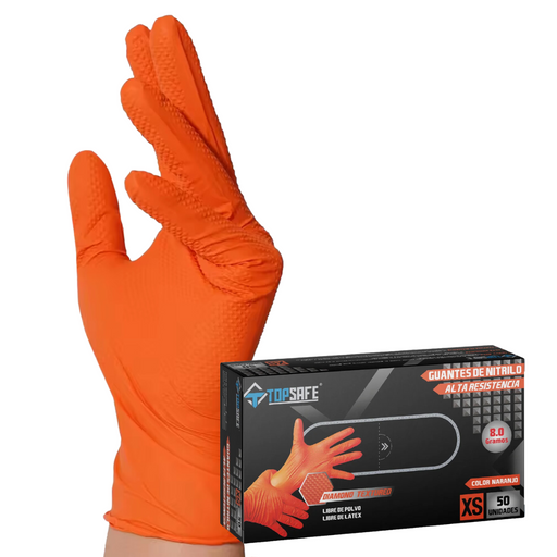 Guantes Nitrilo Naranja Diamantado Texturizado 50u Talla M