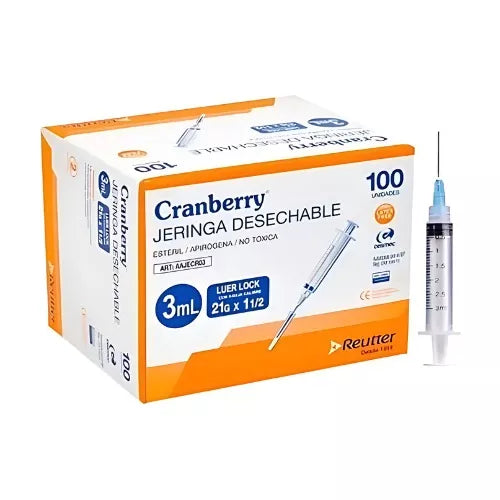 Jeringa Desechable 3ml Luer Lock 21gx11/2 Caja X 100 Unidades